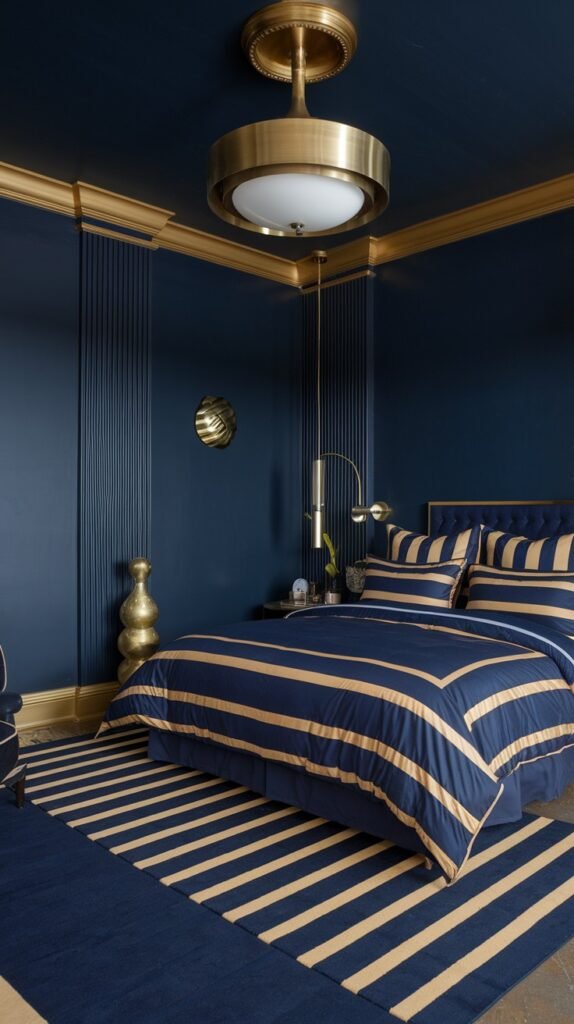 A striking and beautiful navy blue bedroom with navy blue walls and ceiling enhanced by bold gold trim. The bedding is navy blue with wide gold stripes, matching the large navy blue and gold striped rug on the floor. A gold-toned ceiling light fixture and a modern gold wall sconce add to the room's design.