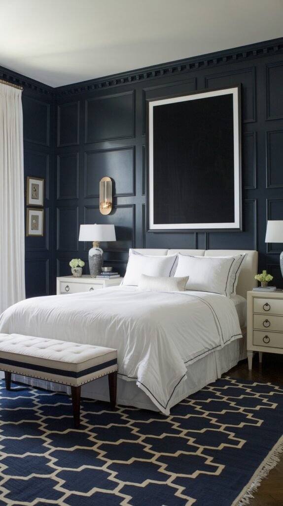 A sophisticated and beautiful navy blue bedroom with paneled navy blue walls. The room contains a white bed with white bedding, accented by navy blue piping on some pillows. White nightstands with lamps flank the bed, and a large black framed artwork hangs above it. A navy blue and white geometric patterned rug is on the floor, and white curtains are on the left.