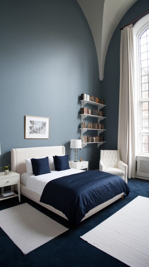 A beautiful bedroom with light blue walls and a high arched ceiling. The bed has a light-colored headboard and navy blue bedding with white sheets. White nightstands with lamps are on either side, and tall white shelves with books are on the right wall. A large arched window with white curtains provides natural light. The floor is covered in a navy blue carpet, accented by two small white rugs.