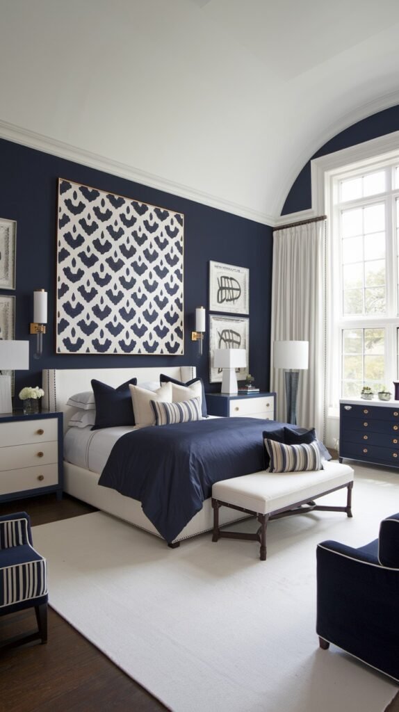 A beautiful navy blue bedroom with white accents throughout. The walls are navy blue, and the bed has a white headboard and navy blue bedding with striped and patterned pillows in white and blue. A large white and navy blue patterned artwork hangs above the bed. White nightstands with blue accents and lamps are on either side, and a white bench is at the foot of the bed. Navy blue chairs with stripes are visible in the foreground, and a large white rug covers the floor.