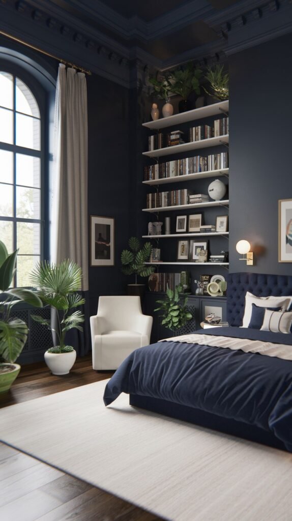 A beautiful navy blue bedroom featuring a bed with a tufted navy blue headboard and navy blue bedding. The navy blue walls are adorned with tall white bookshelves filled with books and numerous green plants. A large arched window with white curtains is on the left, and a white armchair is also visible. A light-colored rug covers the wooden floor.