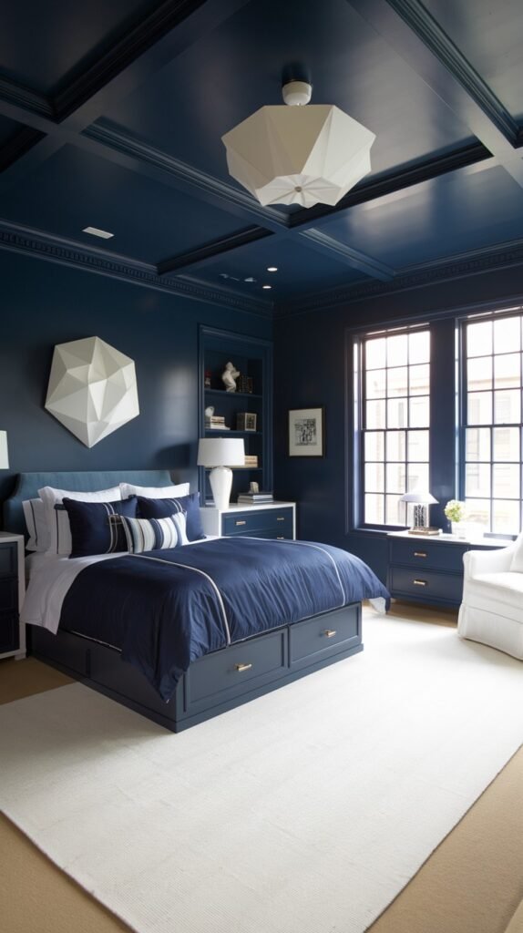 A beautiful navy blue bedroom with the walls and ceiling painted a uniform deep navy blue. The room includes a navy blue bed with built-in drawers and navy blue bedding with white and striped pillows. Geometric white wall art decorates the wall. White nightstands with lamps flank the bed, and large windows with grid patterns are on the right. A large white rug covers the floor.