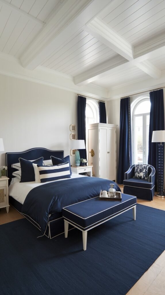 A beautiful bedroom with white walls and a white coffered ceiling, accented by navy blue elements. The bed has a white headboard with navy blue piping and navy blue bedding with white and striped pillows. Navy blue curtains hang at the arched windows. A navy blue bench with white piping is at the foot of the bed, and a deep navy blue rug covers the floor. A white armoire and a navy blue armchair are also present.