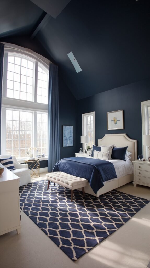 A spacious and beautiful navy blue bedroom with high, vaulted navy blue ceilings and large arched windows. The bed has a white headboard and navy blue bedding with white accent pillows. White nightstands with lamps flank the bed, and a white bench is at the foot of the bed. A navy blue and white geometric patterned rug covers the carpeted floor. A white armchair is visible on the left.