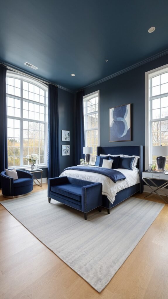 A modern and spacious beautiful navy blue bedroom with navy blue walls and ceiling. The bed features a navy blue frame and bedding, contrasted by white sheets and striped pillows. A navy blue bench is at the foot of the bed. Large arched windows with navy blue curtains dominate the left side, and a large abstract artwork with blue tones hangs above the bed. A light-colored rug covers the wooden floor, and a round navy blue armchair is also visible.