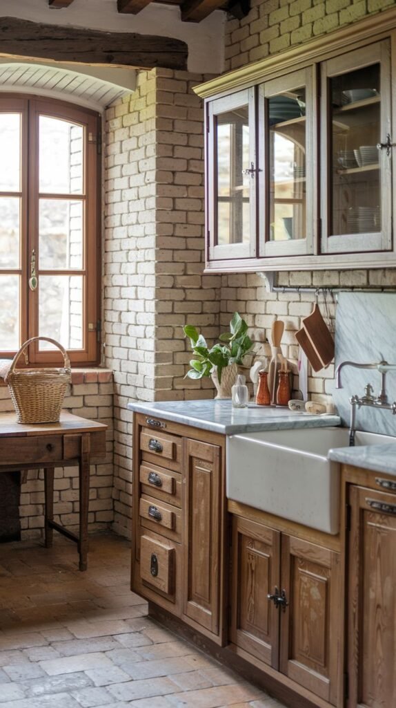 A Beautiful and Rustic kitchen showcasing exposed light-colored brick walls and reddish-brown tiled flooring. Wooden cabinetry with glass inserts and drawers with dark hardware line the counter, which features a white farmhouse sink. A large wooden-framed window with small panes brings in natural light, and a woven basket rests on a small wooden table next to it.