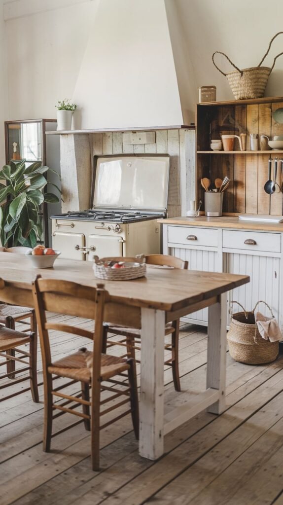 A Beautiful and Rustic kitchen with light-colored walls and wooden floorboards. A traditional cream-colored range cooker with an open lid is positioned under a white range hood. A large wooden dining table with a distressed white base and several chairs is in the foreground. Open wooden shelving and baskets add to the casual, natural feel.