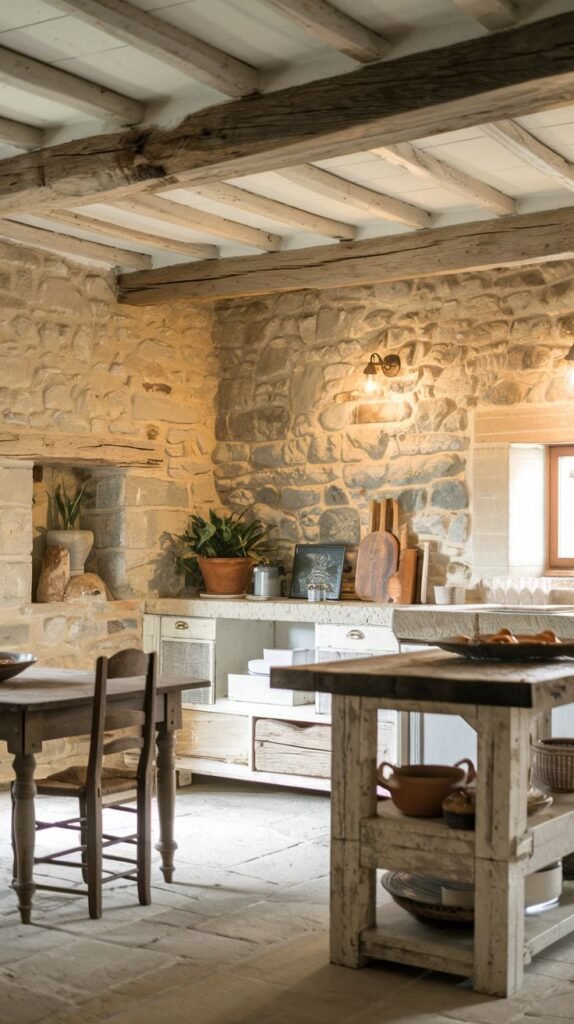 A Beautiful and Rustic kitchen featuring rough stone walls and stone slab flooring. Exposed wooden ceiling beams add character to the room. Light-colored wooden base cabinets are visible, along with a light-colored wooden island or work table in the foreground. A small dining table with chairs is also present, creating a warm and inviting space.