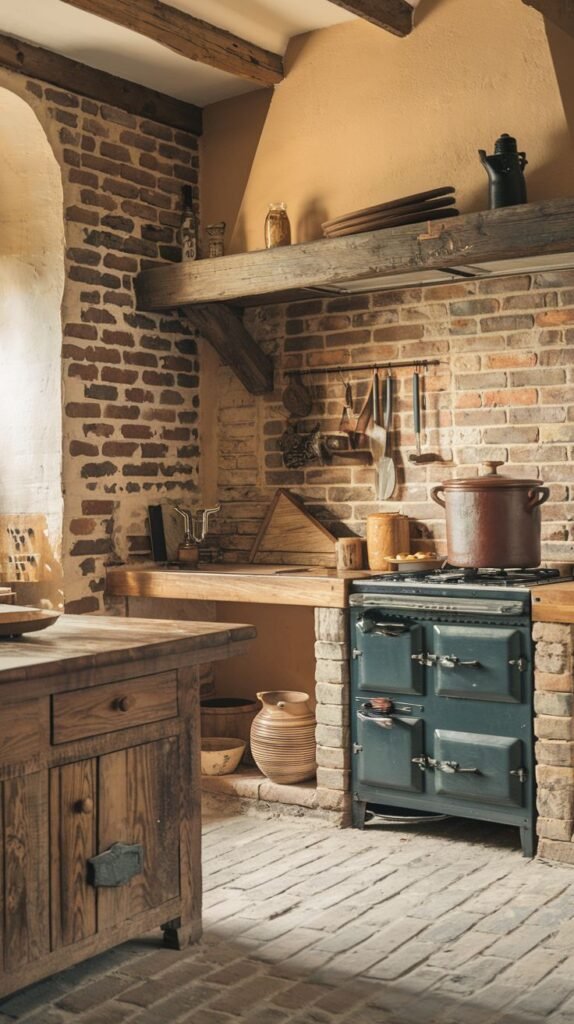 A Beautiful and Rustic kitchen showcasing exposed brick walls and brick flooring laid in a herringbone pattern. A dark blue traditional-style range cooker is set into an arched alcove with a wooden shelf above it. A large wooden cabinet with drawers stands to the left, and various kitchen tools hang from the walls, emphasizing the functional charm.