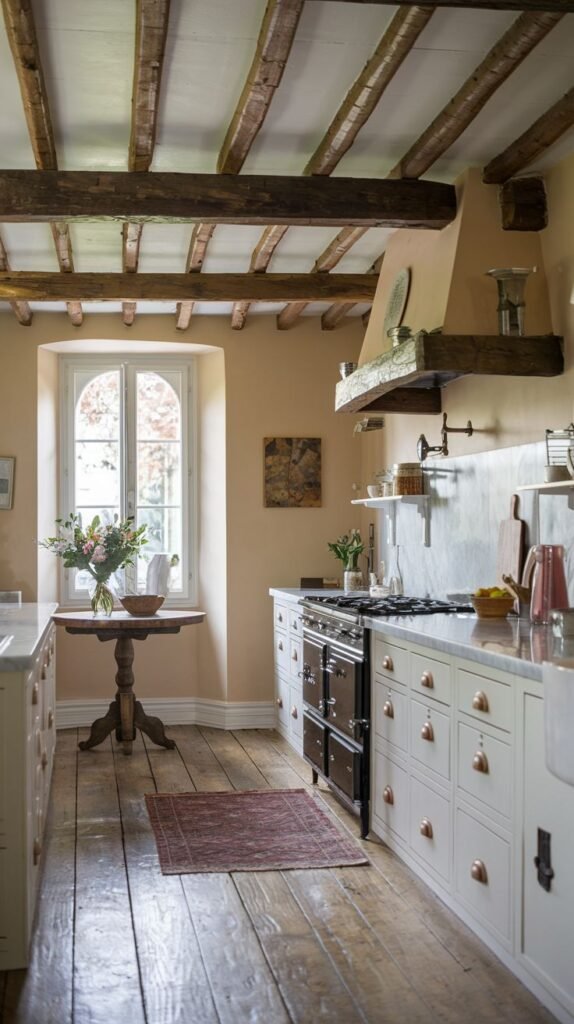 A Beautiful and Rustic kitchen with light-colored plastered walls, exposed wooden ceiling beams, and wide plank wooden floorboards. White base cabinets with multiple drawers and copper handles line the wall, featuring a marble countertop. A large, dark traditional range cooker is centrally placed. A round wooden table with a vase of flowers sits by a large arched window.