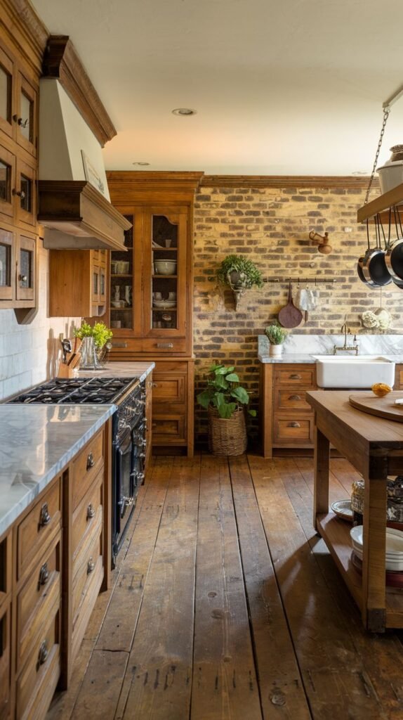 A Beautiful and Rustic long and narrow kitchen with exposed brick walls and dark wooden floorboards. Rich wooden cabinetry, including a tall hutch with glass doors and upper cabinets, defines the space. A white farmhouse sink is set into a marble countertop. A traditional black stove is integrated into the cabinetry, and pots hang from a rack overhead.