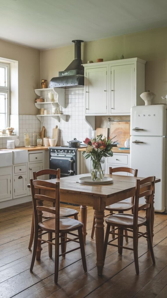 A Beautiful and Rustic kitchen with a light green and cream color palette, featuring dark wooden floorboards. White upper cabinets and shelves are visible, along with a black range cooker. A large white retro-style refrigerator stands to the right. A wooden dining table with four chairs and a vase of flowers creates a central gathering spot.