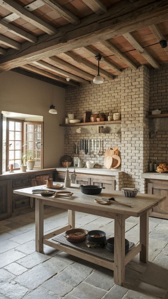 A Beautiful and Rustic kitchen featuring light-colored brick walls and stone slab flooring. A high ceiling with exposed wooden beams and terracotta tiles adds to the architectural charm. A large light-colored wooden table serves as a central island. Open shelving with various kitchen items lines the brick wall, and a large window lets in ample light.