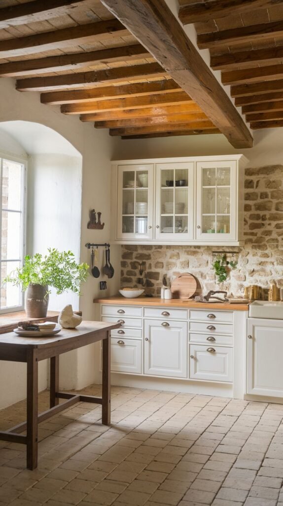 A Beautiful and Rustic kitchen with a mix of stone and white plastered walls, and light brick-patterned flooring. Exposed wooden ceiling beams are prominent. White upper cabinets with glass doors are mounted above light wooden countertops and white base cabinets with dark handles. A large arched window provides a bright view.