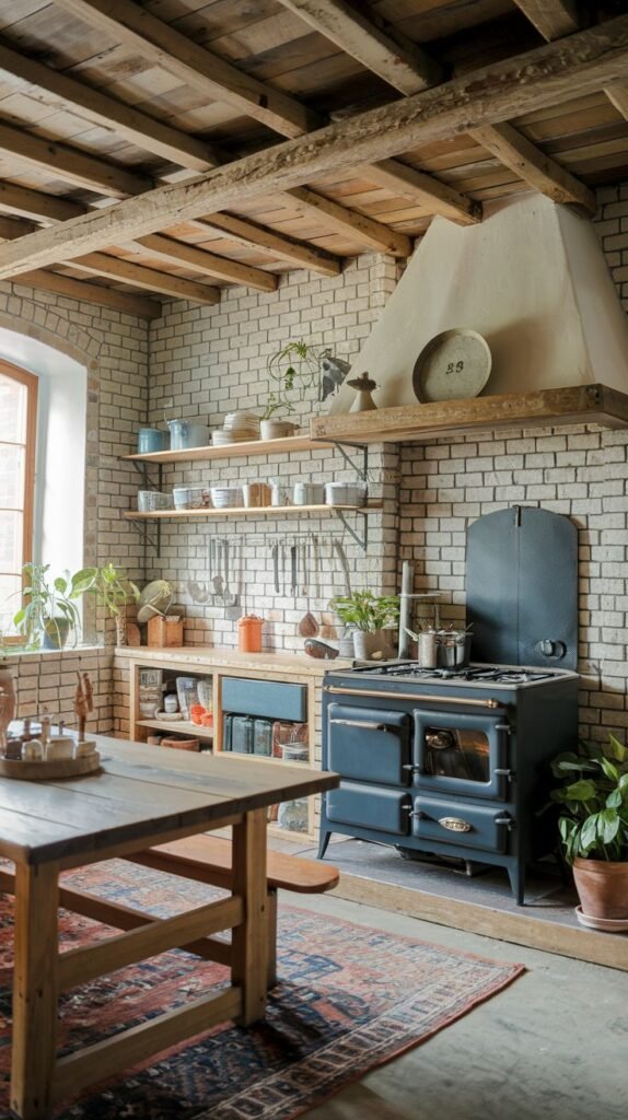 A Beautiful and Rustic kitchen with white brick walls and exposed wooden ceiling beams. A dark blue traditional-style stove with a white range hood is the focal point, positioned on a concrete floor with a colorful rug. Open wooden shelves filled with dishes and plants add warmth and functionality to the space.
