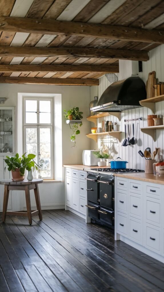 A Beautiful and Rustic kitchen with white walls, dark wooden floorboards, and exposed wooden ceiling beams. A large black range cooker is built into white cabinetry. Open wooden shelves above the counter display kitchenware and plants. A large window brings in light, and a small round table with a plant sits by it.