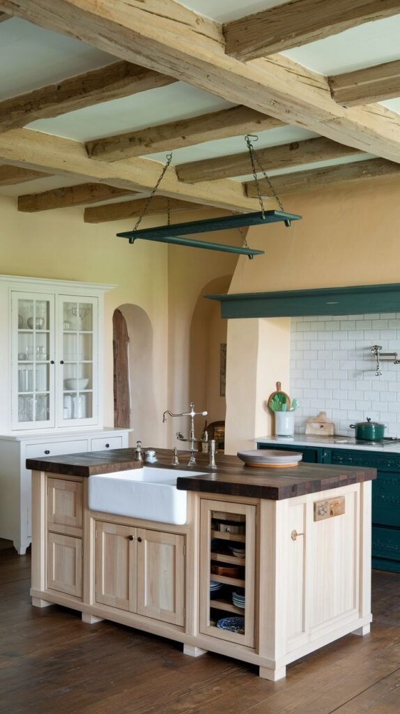 A Beautiful and Rustic kitchen with a light wooden island as its centerpiece, featuring a large white farmhouse sink and dark countertop. Exposed wooden ceiling beams are visible above. The kitchen includes dark cabinetry with a white tiled backsplash and an arched alcove, and a white display cabinet with glass doors.