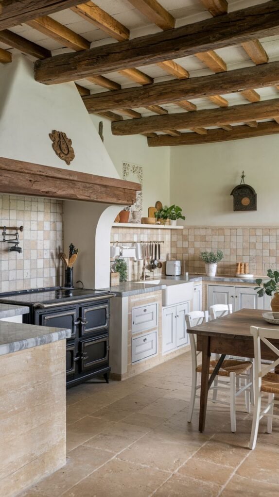 A Beautiful and Rustic kitchen featuring light-colored walls and a ceiling with exposed wooden beams and terracotta tiles. Light-colored square tiles form the backsplash and extend up behind the traditional black stove. Light blue and white cabinets are visible, with a white farmhouse sink. A wooden dining table with white and natural chairs completes the inviting space.