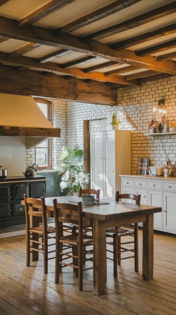 A Beautiful and Rustic kitchen with white brick walls, wooden floorboards, and exposed wooden ceiling beams. A large black traditional-style stove is featured under a light-colored range hood. A wooden dining table with chairs is centrally located, and white cabinets and shelves are visible, giving the space a cozy and lived-in feel.