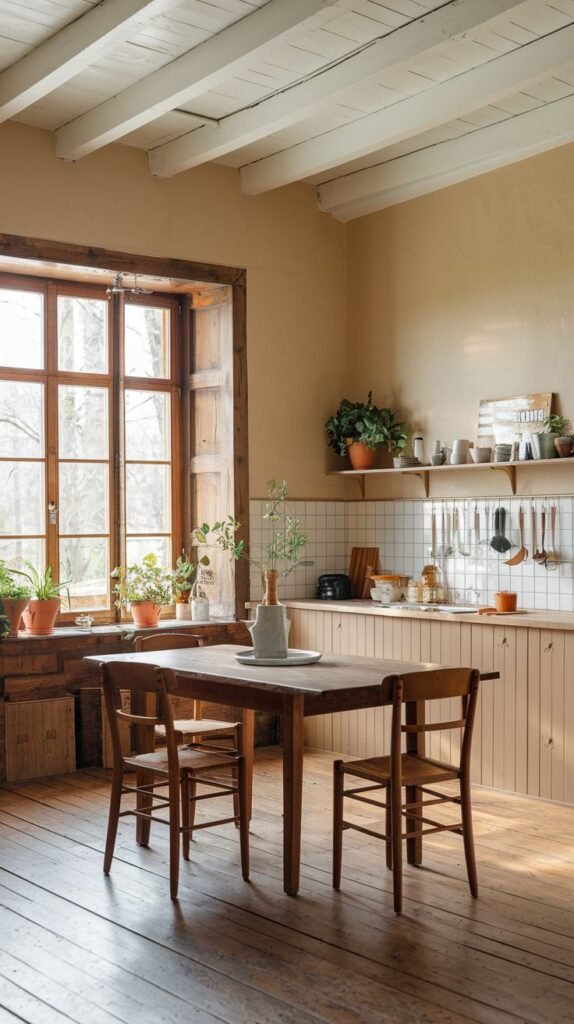 A Beautiful and Rustic kitchen with light-colored walls and exposed white ceiling beams. Light wooden floorboards cover the floor. A large wooden-framed window allows plenty of light to fill the room, which features light-colored wooden paneling on the lower walls and open shelving above, adorned with plants and kitchen items. A simple wooden table and chairs are in the foreground.