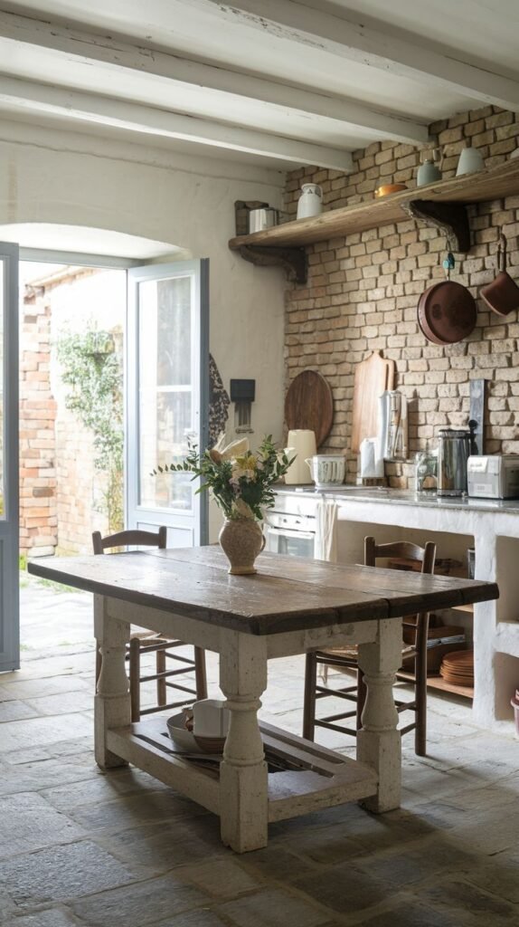 A Beautiful and Rustic kitchen with exposed brick walls, white plastered sections, and stone slab flooring. Exposed white ceiling beams are visible above. A large, distressed white wooden table with a wooden top serves as a central island with a vase of flowers. An open door leads to an outdoor patio, and open shelving on the brick wall displays various kitchen items.