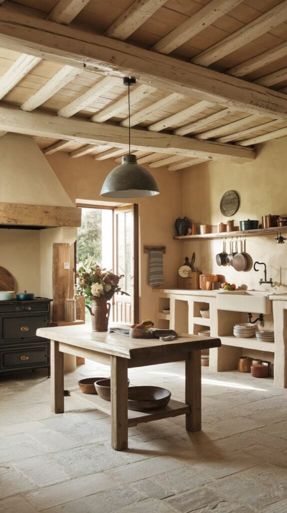 A Beautiful and Rustic kitchen featuring light-colored plastered walls, exposed wooden ceiling beams, and stone slab flooring. A large wooden table stands in the center with a vase of flowers, and a metal pendant light hangs above it. To the left is a dark stove with a large range hood, and to the right, a built-in sink with open shelving above. A door leading outside is visible in the background.