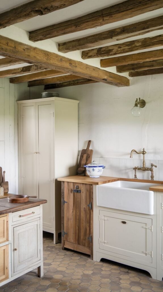 A Beautiful and Rustic kitchen with exposed dark wooden ceiling beams and hexagonal tiled flooring. The room features a tall cream-colored cabinet and lighter wooden base cabinets. A white farmhouse sink is set into a wooden countertop, and a brass faucet adds to the charm. An antique-style wall sconce provides lighting.