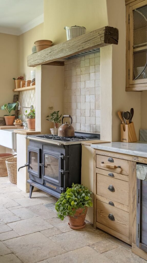 A Beautiful and Rustic kitchen centered around a black, traditional-style stove with a large stone or plaster hood above it. The backsplash behind the stove is made of light-colored square tiles. The floor is covered in large stone slabs. Wooden open shelves and a light-colored wooden cabinet with drawers are also visible, along with potted plants that add a touch of green.