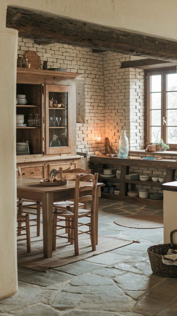 A Beautiful and Rustic kitchen and dining area featuring light-colored brick walls and stone slab flooring. A wooden dining table with four chairs is in the foreground, and a large wooden hutch with glass doors displays dishes in the background. A large wooden-framed window allows light to enter, creating a warm, inviting atmosphere.