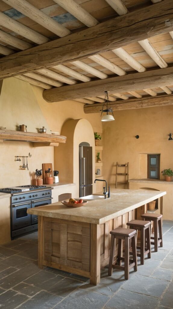 A Beautiful and Rustic kitchen featuring exposed wooden ceiling beams and dark stone slab flooring. A large, light-colored wooden island with a built-in sink and dark faucet serves as a central point, accompanied by three wooden bar stools. A large black range cooker is visible on the left, set within a light-colored arched alcove.