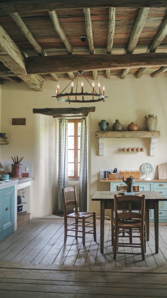 A Beautiful and Rustic kitchen with exposed wooden ceiling beams and light wooden floorboards. A dark metal chandelier hangs from the ceiling. The room has light-colored walls, a wooden-framed window with patterned curtains, and a wooden table with two chairs. A long wooden shelf adorned with pottery and a light blue cabinet contribute to the charming aesthetic.