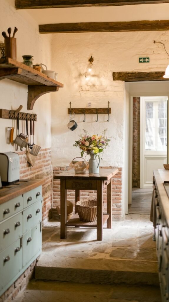 A Beautiful and Rustic kitchen hallway with light-colored brick and white plastered walls, and stone slab flooring. A small wooden table with a vase of flowers and a basket sits in the foreground. Exposed wooden beams and open shelving with hanging utensils contribute to the functional and inviting space. A doorway leads to another room.