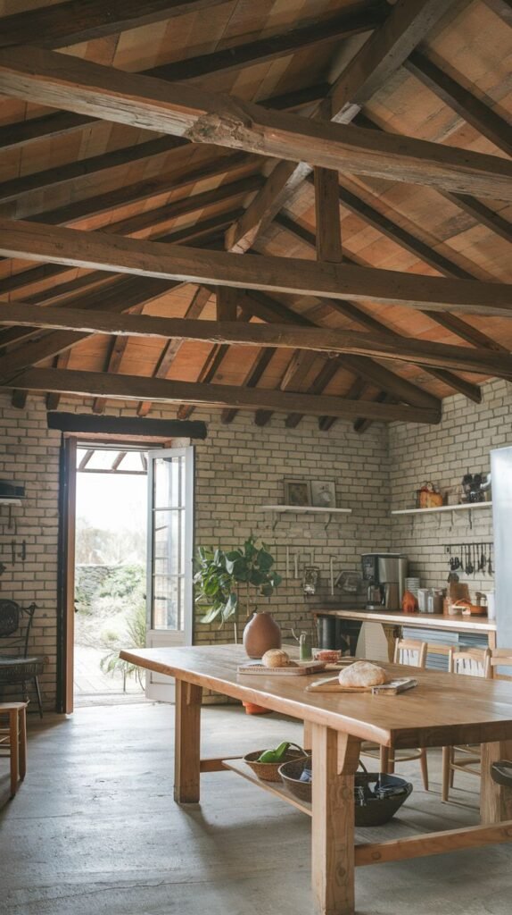 A Beautiful and Rustic open-plan kitchen and dining area with exposed brick walls and a high, sloped ceiling with intricate wooden beams and terracotta tiles. A large, light wooden dining table with chairs dominates the center of the room. An open door in the background leads outside to a bright landscape.