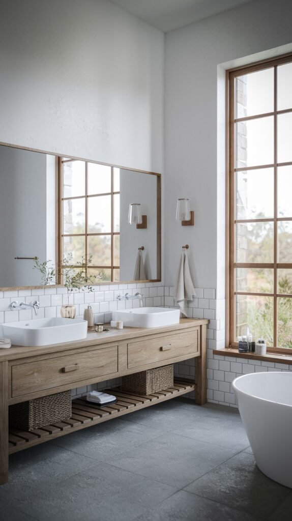 A beautiful and spacious Scandinavian bathroom with tall, multi-paned wooden windows, a large light wood double vanity with two vessel sinks, and gray floor tiles. The walls are white with white subway tile wainscoting, creating a bright and airy feel.