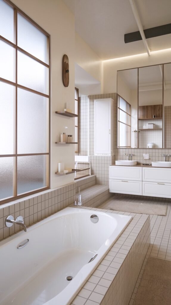 A beautiful and minimalist Scandinavian bathroom with light beige square tiles, and large frosted windows with wooden frames. It features a large built-in bathtub, a double vanity with two sinks and white cabinets, and multiple mirrors, creating a bright and contemporary feel.