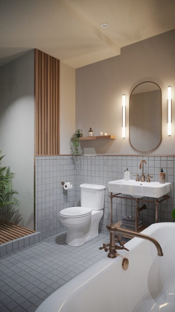 A beautiful and stylish Scandinavian bathroom with light gray walls, light gray square tiled lower walls, and matching floor tiles. It includes a white bathtub, a toilet, and a sink with a metal frame, accented with brass fixtures and vertical wooden slats on one wall for added texture.
