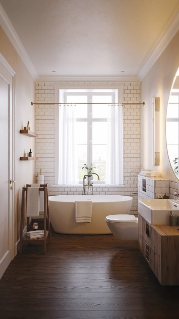 A beautiful and traditional Scandinavian bathroom with white subway tiled walls, dark wooden floorboards, and a large window with sheer white curtains. It features a freestanding oval bathtub, a modern toilet, and a wooden vanity with a rectangular sink, creating a classic and bright space.