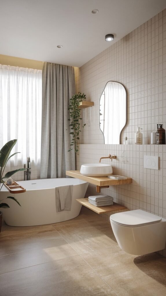 A beautiful and serene Scandinavian bathroom with light beige square tiled walls and a large window with a gray curtain. It features an oval freestanding bathtub, a wall-mounted toilet, and a modern sink set on a floating wooden shelf, with green plants adding a touch of nature.