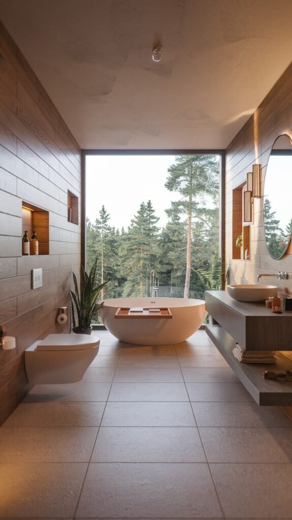 A beautiful and striking Scandinavian bathroom with wooden paneling on one wall and a large floor-to-ceiling window offering a forest view. It includes a freestanding oval bathtub, a wall-mounted toilet, and a floating vanity with a vessel sink, designed to bring nature indoors.