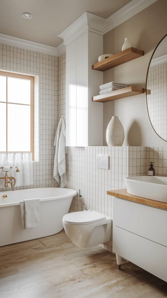 A beautiful and bright Scandinavian bathroom with light beige grid-patterned tiled walls and wooden floorboards. It features a freestanding bathtub, a wall-mounted toilet, and a white vanity with a wooden countertop and a vessel sink, with a large window providing natural light.