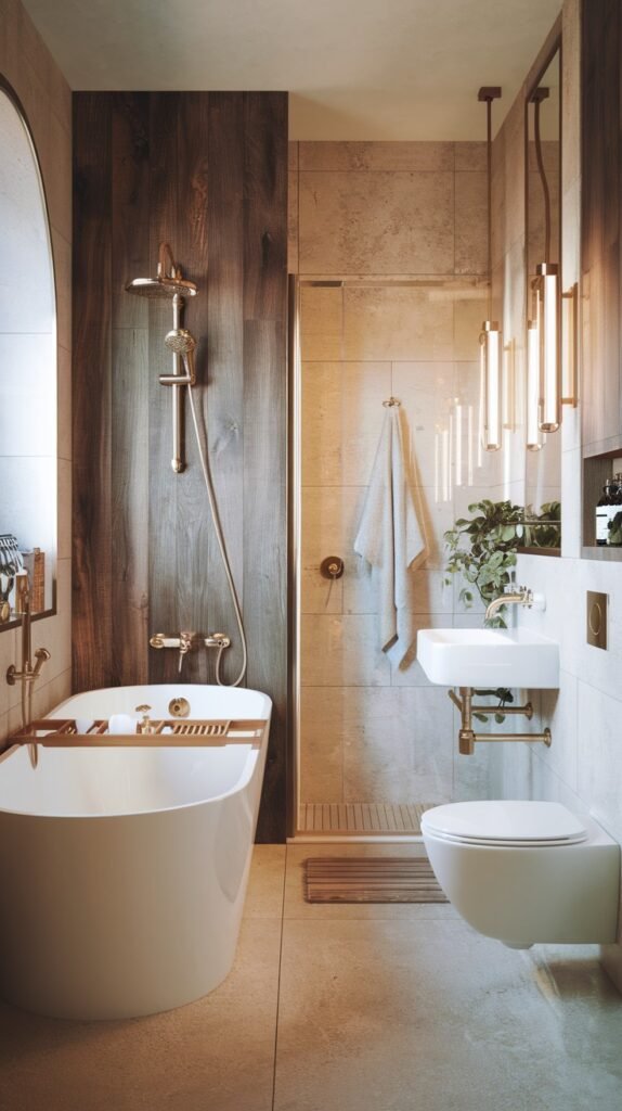A beautiful and luxurious Scandinavian bathroom with a mix of light-colored tiles and wooden paneling on the walls. It includes a freestanding bathtub with gold fixtures, a walk-in shower with gold hardware, a small wall-mounted sink, and a toilet, featuring warm metallic accents.