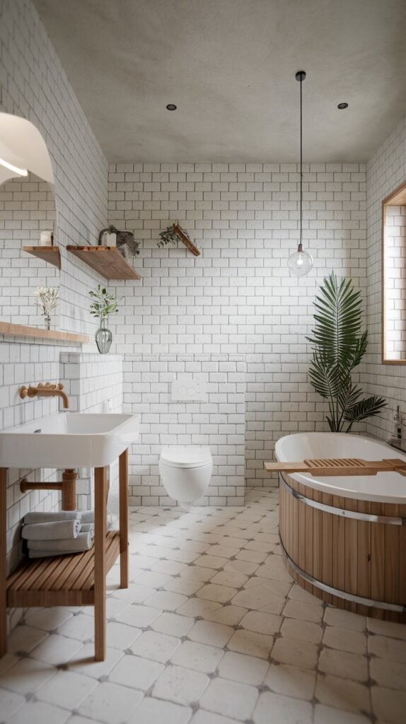 A beautiful and unique Scandinavian bathroom with white subway tiled walls and light-colored patterned floor tiles. It features a distinctive wooden soaking tub, a wall-mounted toilet, and a sink on a wooden vanity with shelving, with green plants adding a natural element.