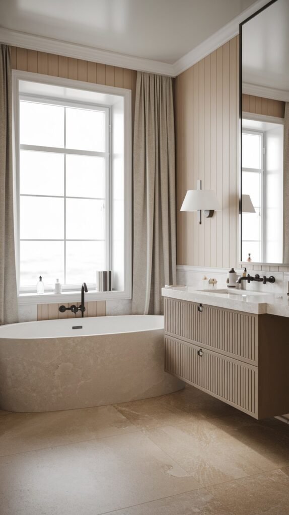 A beautiful and elegant Scandinavian bathroom with light beige wooden paneling on the walls and matching floor tiles. It includes a large oval freestanding bathtub, a floating vanity with a ribbed design and a marble top, and a large window with long curtains, creating a sophisticated ambiance.