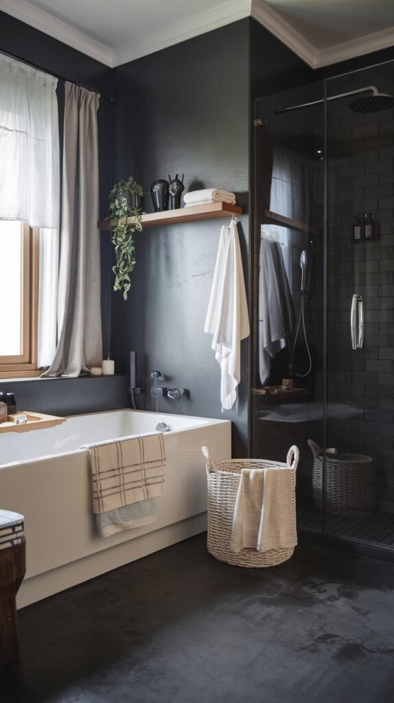 A beautiful and moody Scandinavian bathroom with dark gray walls and a dark floor. It features a white bathtub, a black-framed glass shower enclosure, and a large window with sheer curtains, with a wooden shelf holding plants and toiletries.