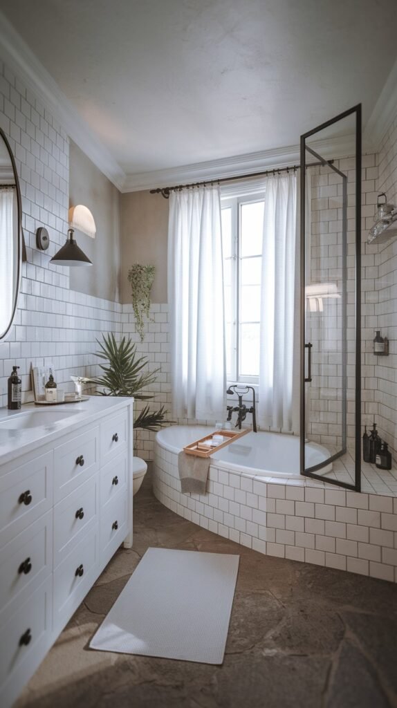 A beautiful and charming Scandinavian bathroom with white subway tile walls and dark, irregularly shaped floor tiles. It features a corner bathtub with a black-framed glass shower screen, a white vanity with multiple drawers, and decorative green plants, all illuminated by natural light from a large window.