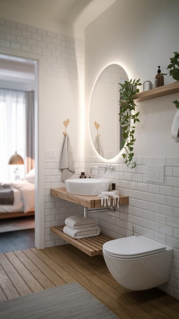 A beautiful and modern Scandinavian bathroom with white subway tiled walls and light wooden floorboards. It features a round illuminated mirror above a white vessel sink set on floating wooden shelves, and a wall-mounted toilet, with an open doorway leading to a bedroom.