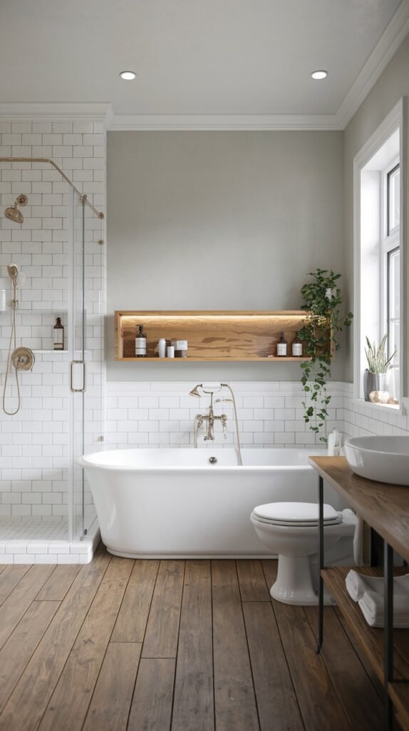 A beautiful and serene Scandinavian bathroom with white subway tiles on the lower walls and a light green upper wall, complemented by warm wooden floorboards. It includes a white freestanding bathtub, a walk-in shower, a toilet, and a long wooden vanity with a vessel sink, offering a natural and spacious feel.
