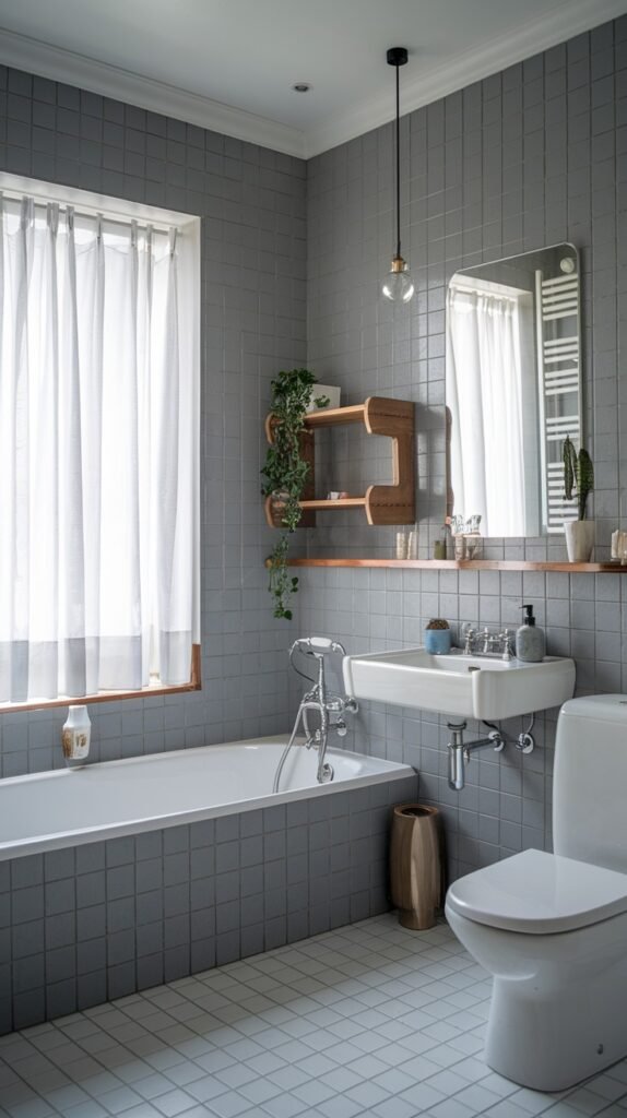 A beautiful and compact Scandinavian bathroom with light gray square tiled walls and light gray floor tiles. It features a white bathtub with a shower, a wall-mounted sink, and a toilet, with a small wooden shelf unit and a large window providing light.