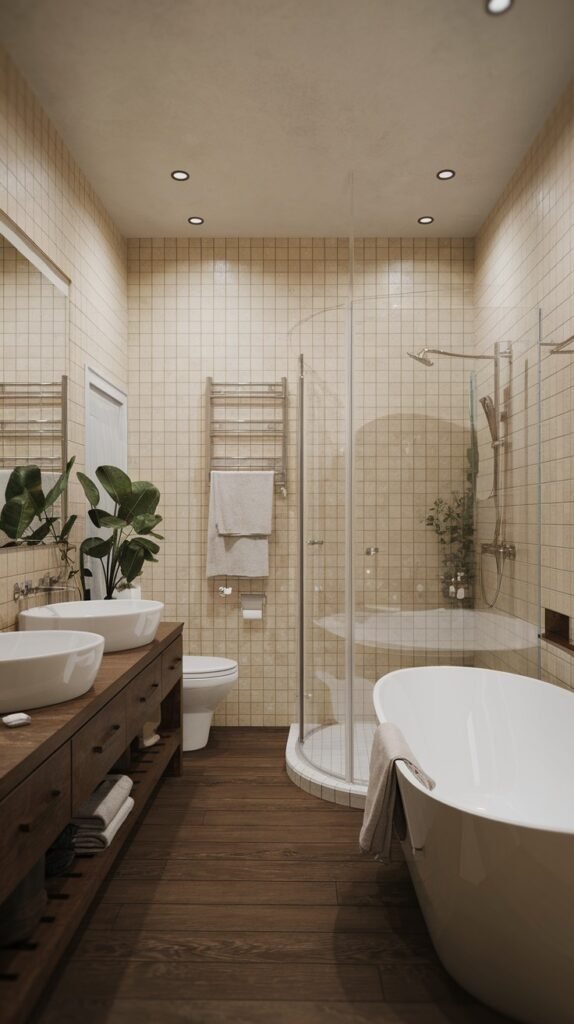 A beautiful and warm Scandinavian bathroom with light beige square tiled walls and dark wooden floorboards. It features a freestanding oval bathtub, a curved glass shower enclosure, and a long wooden double vanity with two vessel sinks, creating a bright and inviting space.
