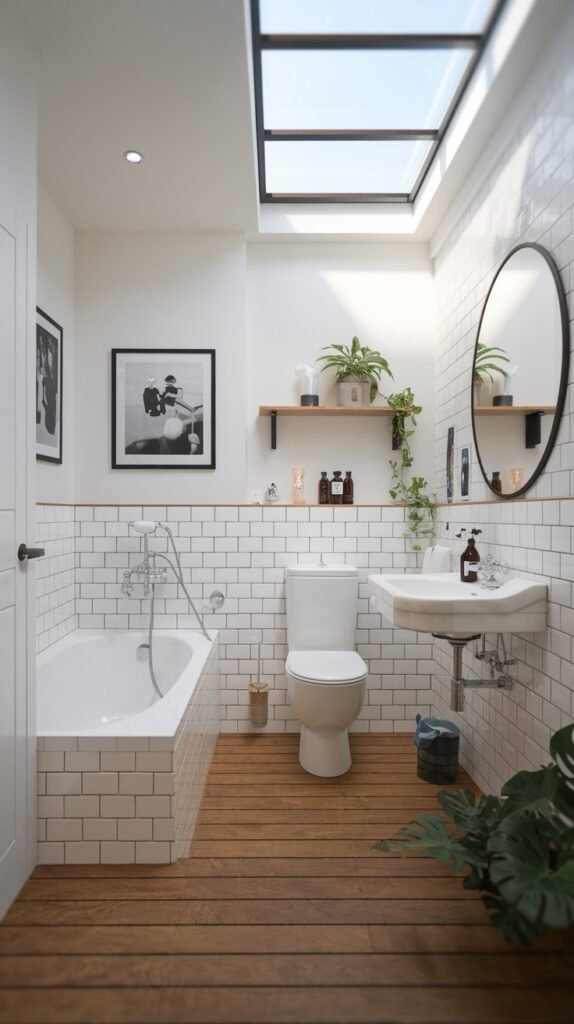 A beautiful and bright Scandinavian bathroom with white subway tiled walls, wooden floorboards, and a large skylight. It includes a white bathtub with a shower, a toilet, and a wall-mounted sink, with a wooden shelf for decor and a large green plant, enhancing the natural light.